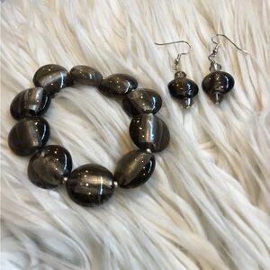 ROUND POLISHED GLASS SMOKY QUARTS BRACELET & MATCHING EARRINGS FACETED GLASS